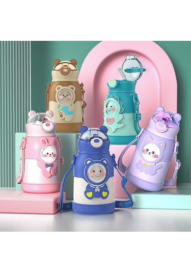 Taşınabilir Çocuk Termos Şişesi 316 Paslanmaz Çelik Öğrenci Pipetli Bardak-yeşil