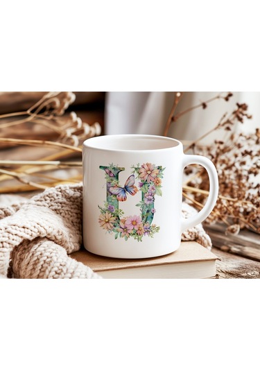 U Harfi Çiçekli Kupa Bardak - Soft Renk Çiçek Ve Kelebek Desenli Zarif Kahve Kupası - Bohem Beyaz