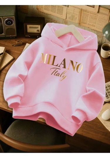Kışlık Kapüşonlu Sweatshirt, Çocuk We Milano İtaliy Baskılı Pembe