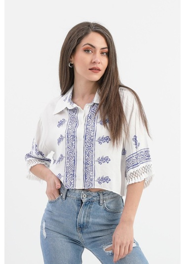 Antik Desenli Kolları Püsküllü Gömlek - Saksmavisi-saksmavisi Saks