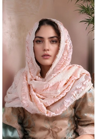 Rosehan Collection El Dokuması Pembe İpek Şal - Gofreli - Ödemiş İpeği