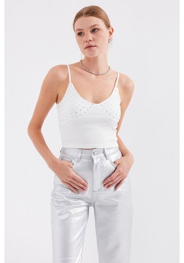 Bigdart 918 İp Askılı Crop Top - Beyaz 001