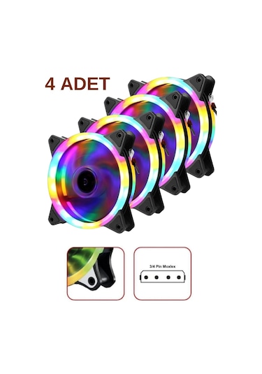 Molex Girişli Sessiz Renkli Fan Rainbow Kasa Fanı 12 CM 4'lü