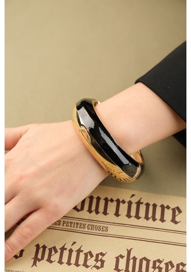 Çildan Womens Black Gold Özel Tasarım Kalın Kelepçe Bileklik Altın