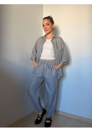 Ali Butik Gri Keten Gömlek Pantolon Takım Gri