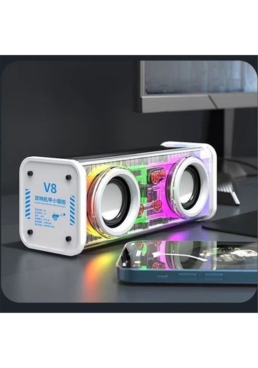 Padalink V8 Mini Mekanik Hoparlör - Şeffaf Rgb Işık, Tws Seri Bağlantı, Tf Kart Desteği, Bluetooth 5.0, 10w Güçlü Ses, Beyaz