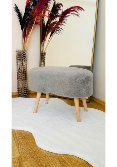 Fasulye Model Ahşap Ayaklı Teddy Kumaş Dekoratif Puf Bench Gri