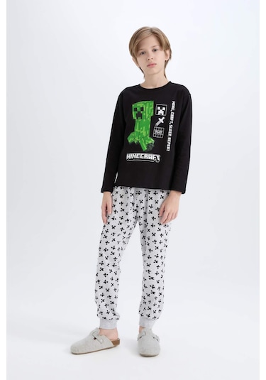 DeFacto Erkek Çocuk Minecraft Pijama Takımı Bisiklet Yaka Uzun Kollu Üst Beli Lastikli Uzun Alt D8101A824WNBK81