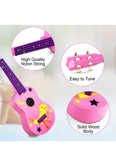 Ruicoo 21 İnç Pembe Dinozor Ukulele: Gitar Çalma Enstrümanı İçin Ahşap Gövde, 324mm Teller, 12 Tuş, Beyaz Nilon Teli Ve拨片 İle