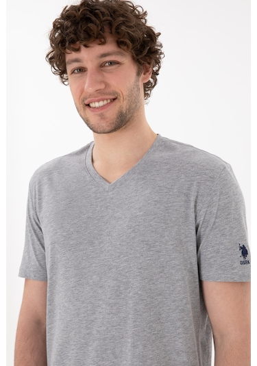 U.S. Polo Assn. Erkek Regular Fit  V Yaka Gri Melanj Basic Tişört 50305858-VR086