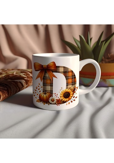 D Harfi Ekose Ve Sonbahar Temalı Kupa Bardak - Kişiye Özel Sıcak Tonlar Alfabe Kupa - Hediye Beyaz