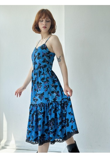 Retrobird Country Girl Ruffle Dantel Detaylı Tasarım Elbise Kadın Koyu Mavi-13311-koyu Mavi