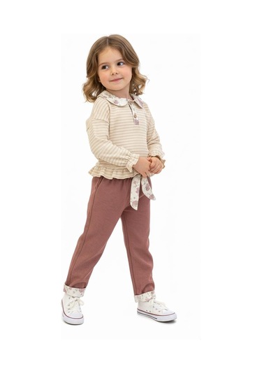 Yakası Fırfırlı 2 Li Pantolon Takım Pudra