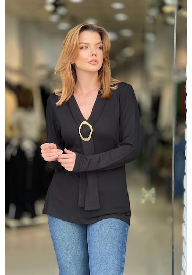 Kravatlı Tokalı Bluz Siyah