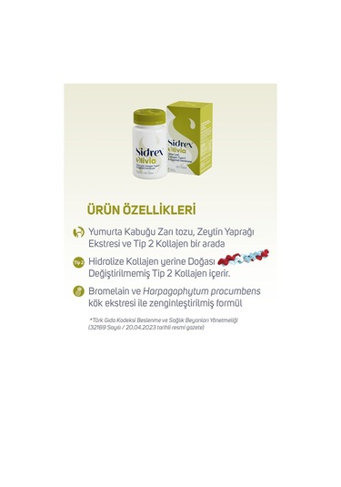 Sidrex Olivia Zeytin Yaprağı Ekstresi Tip 2 Kolajen Yumurta Kabuğu Zarı İçeren Takviye Edici Gıda 60 Tablet