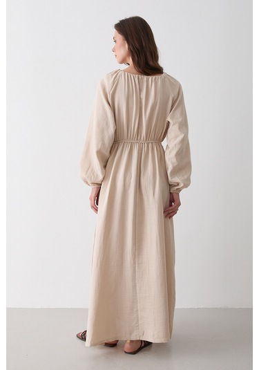 Natural Bağlama Detaylı Müslin Elbise - 2004 Natural