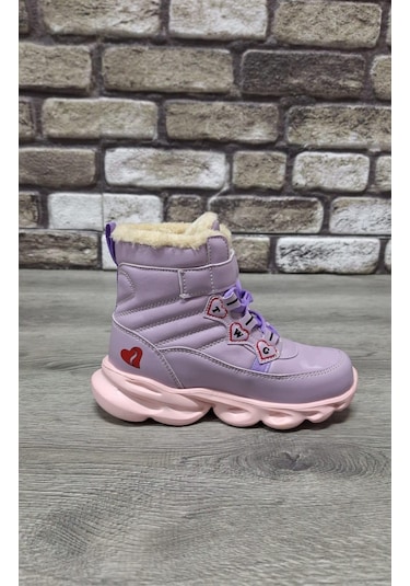 İçi Kürklü Kaydırmaz Kauçuk Taban Su Geçirmez Işıklı Çocuk Botu Lila