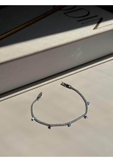 Yıldız Figürlü Mavi Taş Detaylı Gümüş Renk Çelik Bileklik Zarif Kadın Takı Gümüş