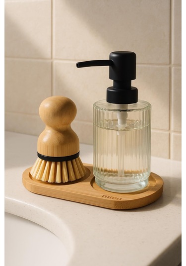 3 Parça Bambu Altlıklı Sabunluk Ve Temizlik Fırça Seti Bambu