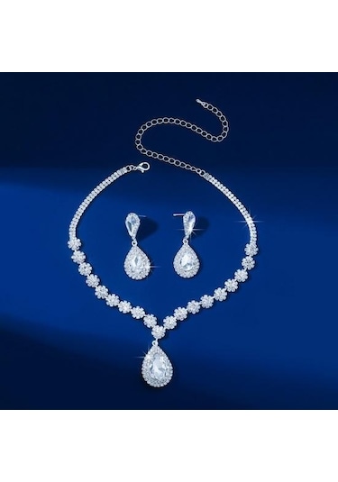 Beyaz 2 Adet/takım Kadınlar Düğün Takısı Seti Su Damlası Şekli Parlayan Sahte Kristal Gerdanlık Kolye Dangle Küpe Seti Beyaz