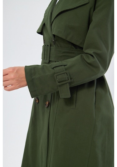Pastelastore %100 Pamuk Gabardin Uzun 110cm Astarlı Kemerli Kadın Trençkot 1111 Koyu Haki