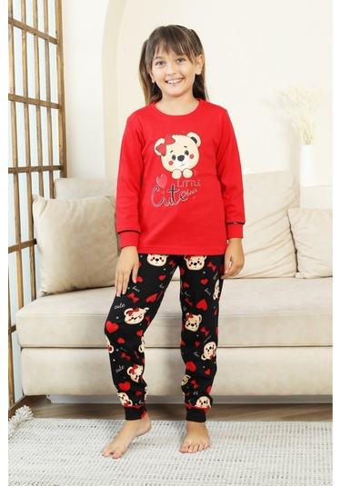 Kız Çocuk Ayıcık Baskılı %100 Pamuk İnterlok Kumaş Pijama Takımı 12347 Nar Cıcegı