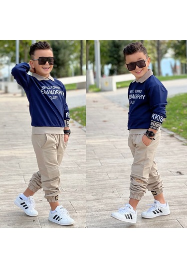 Modavals Gömlek Yaka Sweatshırt Ve Gabardin Kargo Pantolon Erkek Çocuk Kombin Lacivert