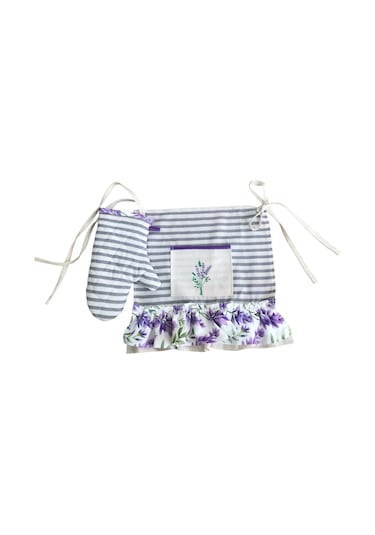 Lavanta Nakışlı, Fırfırlı, Buldan Keten Fırın Önlüğü Örtüsü Ve Eldiveni