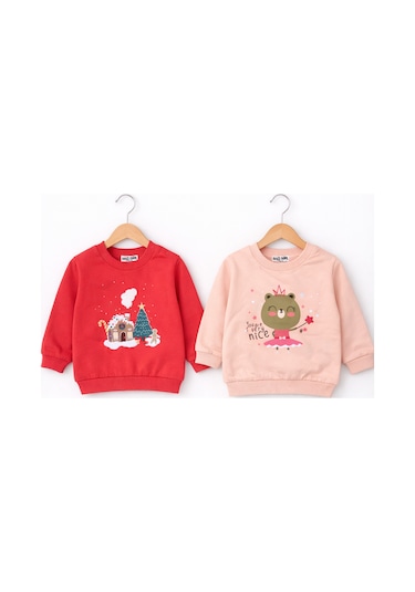 HelloBaby Kız Bebek Pamuklu Sweatshirt Desenli Model Koyu Pembe - Pembe