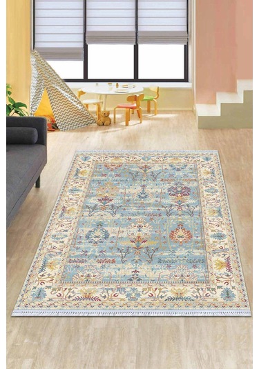 Mavi Çerçeveli Dokuma Pamuk Taban Kaymaz Kilim Klm294