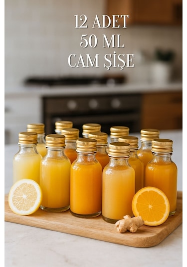 Rotanev 12 Adet Şeffaf Cam Shot Şişesi 50 ML Sızdırmaz Gold Metal Kapaklı+Huni