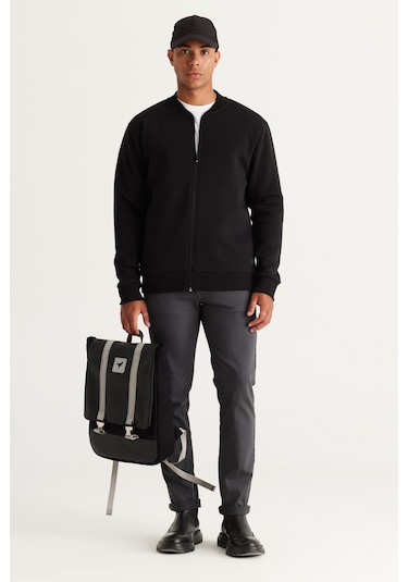 AC&Co / Altınyıldız Classics Erkek Sıyah Standart Fit Normal Kesim İçi Polarlı Kolej Yaka Pamuklu Sweatshirt Siyah