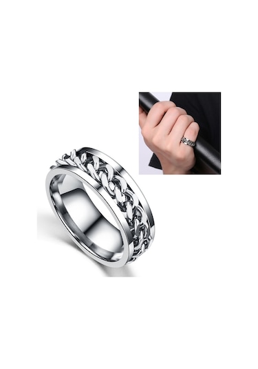 Punk Rock Stainless Steel Rotatable Chain Rings, Ring Size:8 Silver Çok Renkli