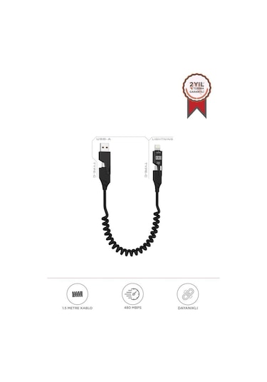 Torima U110 Siyah 4'ü 1 Arada Type-C Lightning Usb-A 65 W Super Hızlı Akordiyonlu Şarj Kablosu