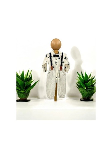 Erkek Bebek 4 Lü Pantolon Askılı Gömlek Papyonlu Takım-14129 Krem