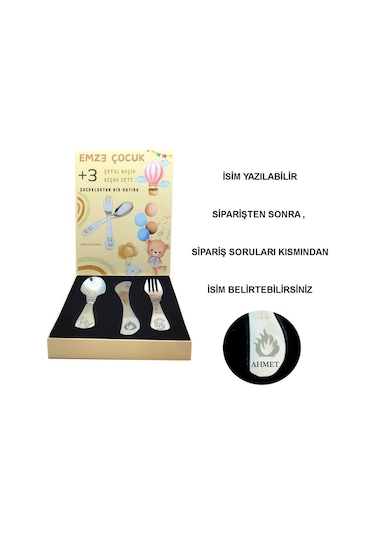 Emze Çocuk Paslanmaz Çelik Kutulu Çatal Kaşık Bıçak Seti İtfaiye Desenli GÜmüş