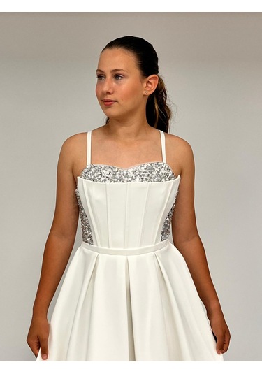 Kız Çocuk Abiye Krem Krep Kısa Pul Payet İşlemeli Biyeli Korseli Kısa Abiye Elbise 10-15 Yaş Krem