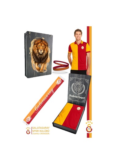 Galatasaray Lisanslı Match Day Polo T-shirt + Bileklik + Şal Kaşkol Set Ahşap Kutulu Sarı