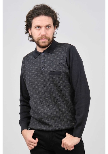 Çizgi Triko Erkek Cep Detaylı Polo Yaka Desenli Kazak 42544226 Lacivert Lacivert
