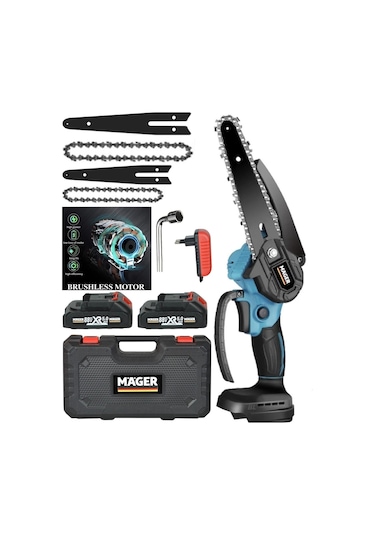 Mager Çift Akülü Kömürsüz Motor Extra Konfor 88watt.10 Ah Zincirli Çift Pala Dal Budama Makinası