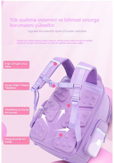 Kız Sırt Çantası, Çocuklar Için Büyük Kapasiteli Omurga Sırt Çantası Mor