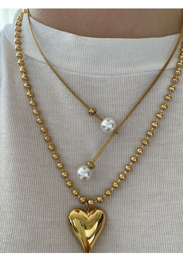 Kadın Sıralı Toplu İri Kalp Çelik Kararmaz Gold Kolye