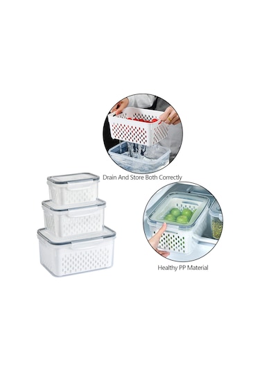 3 Adet Buzdolabı Saklama Kutusu Dikdörtgen Şeffaf Drenaj Sepeti Meyve Sebze Taze Saklama Kutusu Bpa , Fda Yok