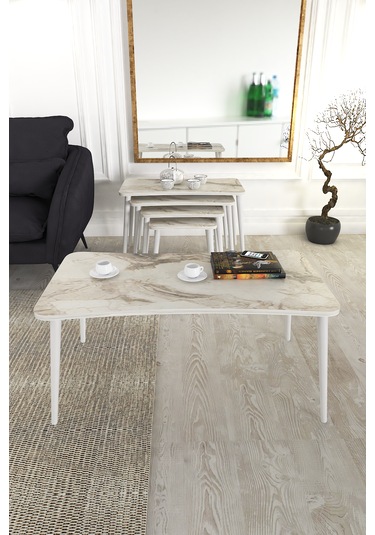 Milas 5li Orta Sehpa Ve Zigon Sehpa Beyaz Ahşap Ayaklı Sehpa