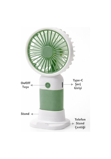 Standlı 3 Mod Şarjlı El Fanı 5 Kademe Seyahat Masaüstü Vantilatör Taşınabilir Mini Fan Yeşil F139