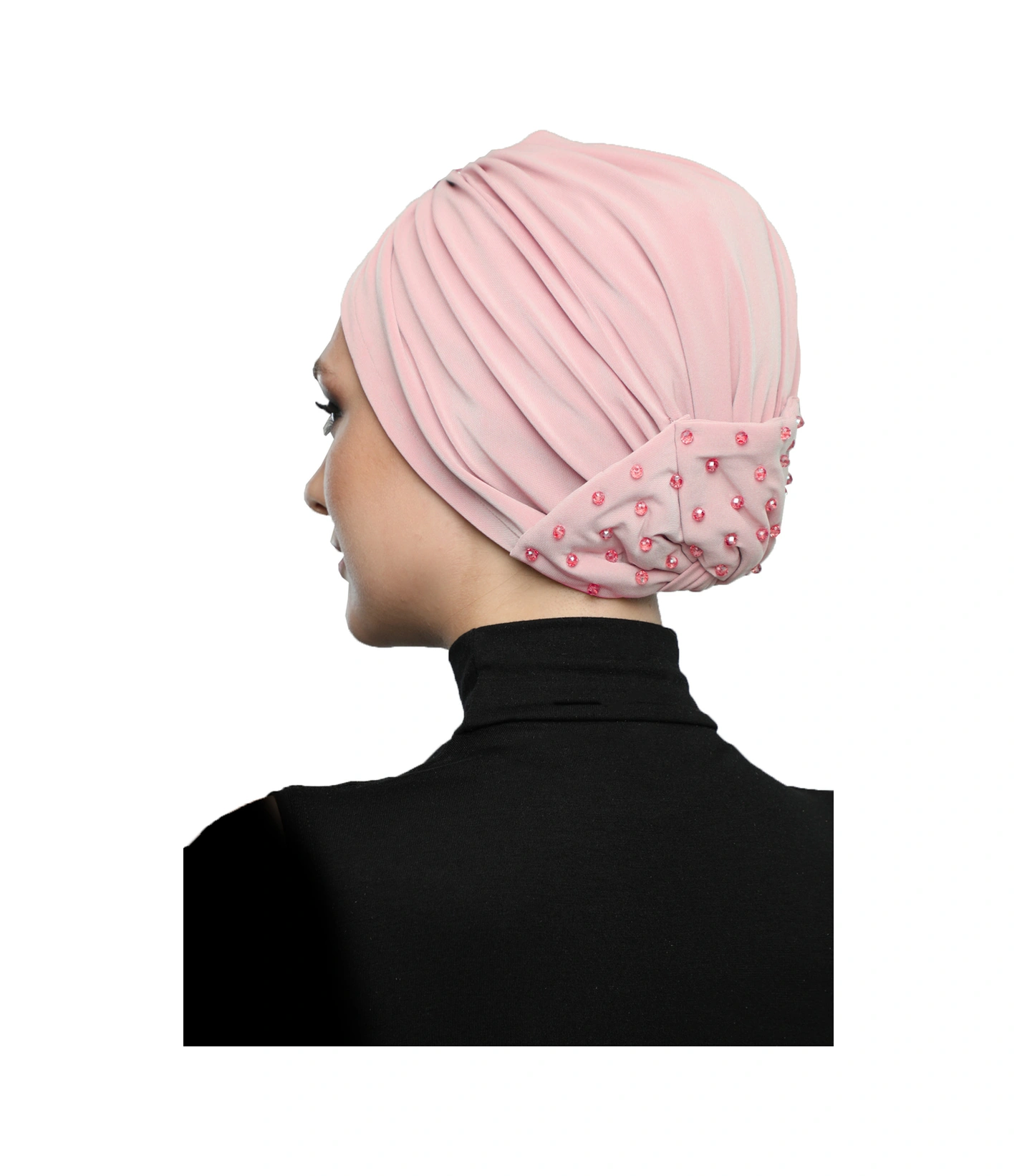 Kristal Yelpaze Taş Işlemeli Çift Taraflı Astarlı Pudra Hazır Türban Tesettür Abiye Bone Pudra