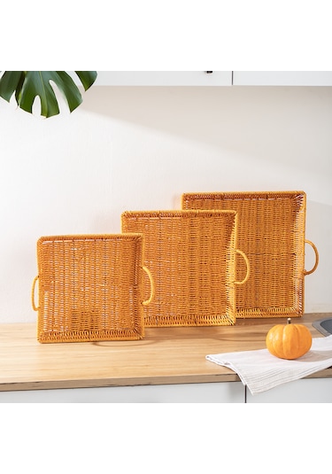 Porsima 709d Kare 3'lü Hasır Tepsi Dekoratif Sunum Servis Tepsisi
