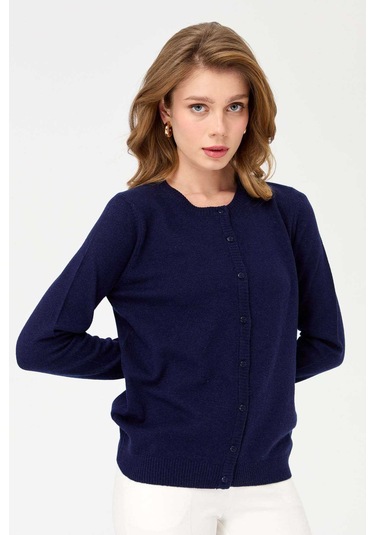 Desen Triko Kadın Sıfır Yaka Triko Yün Hırka 21031 Lacivert