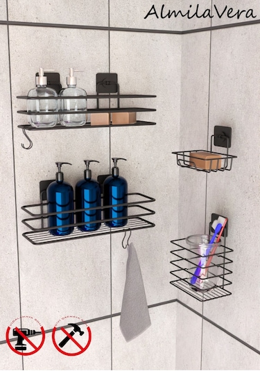 Siyah Paslanmaz Yapışkanlı Metal Banyo Rafı Düzenleyici 4'lü Set Kancalı Duş Rafı Sabunluk Rafı Siyah