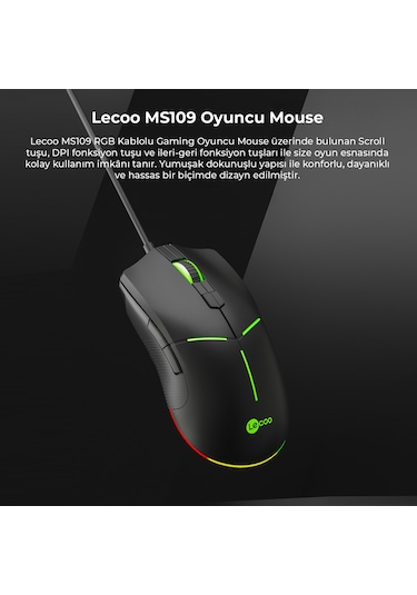 Lecoo MS109 Kablolu 6400DPI 8 Makro Tuşlu RGB Gaming Optik Mouse